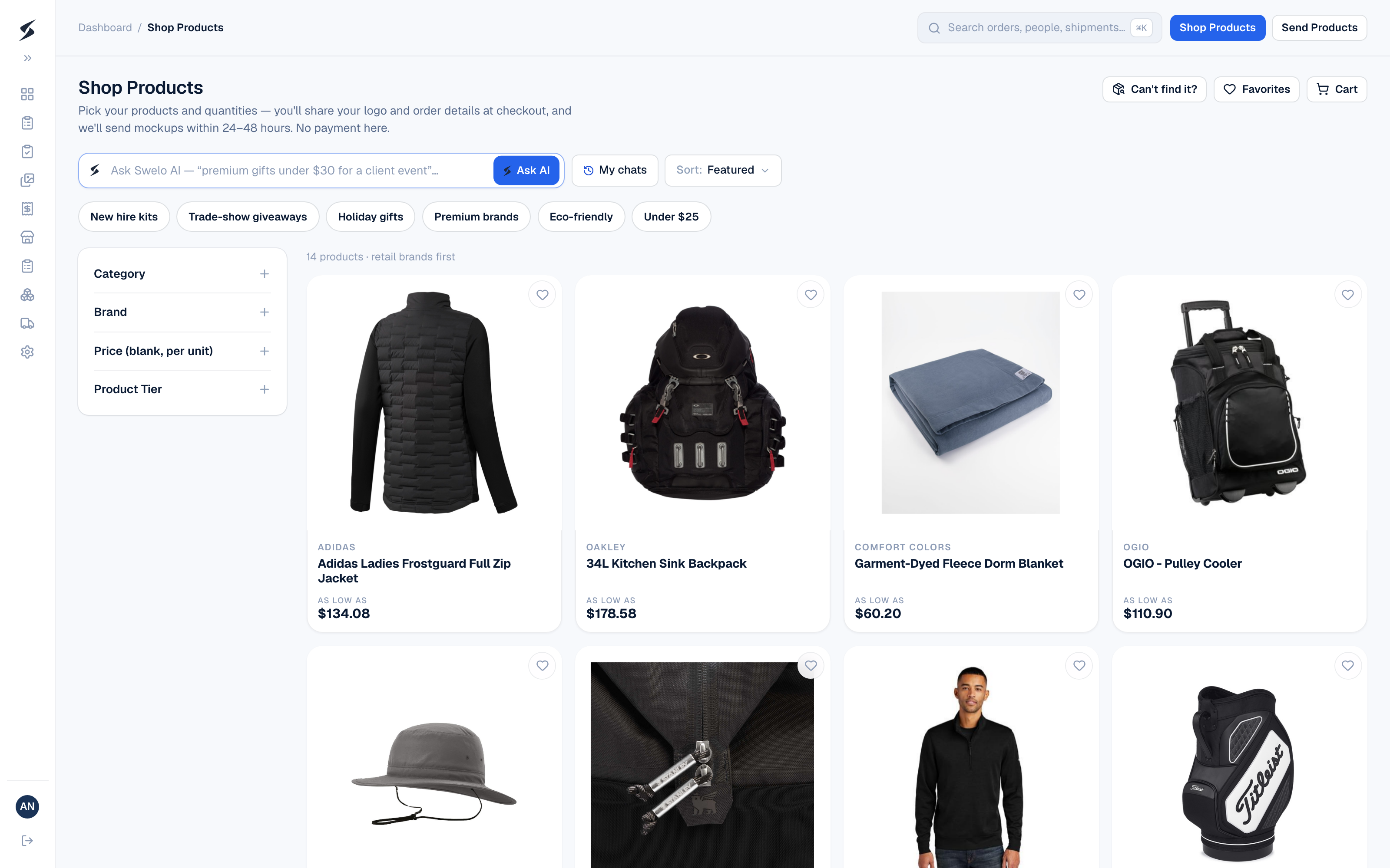 The Shop Products catalog inside the Swelo Hub, showing curated branded merch with per-unit pricing.