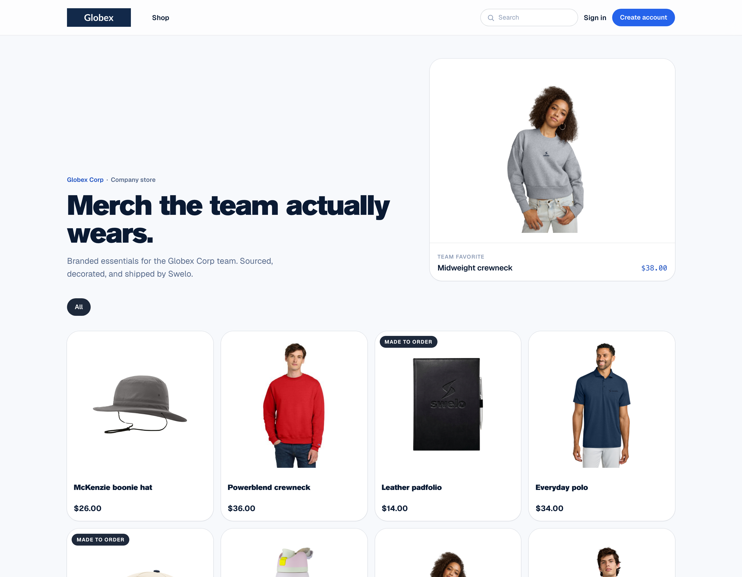 A branded company storefront built on Swelo, showing merch products in a company's own colors and logo.